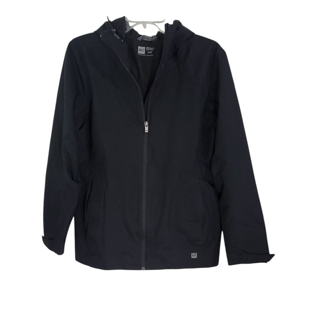 MEC Women's Black Full Zip Hooded‎ Rain Jacket Long Sleeve Drawcord Size M